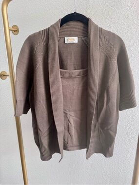Talbots Brown Short-Sleeve Open Cardigan Sweater with tank